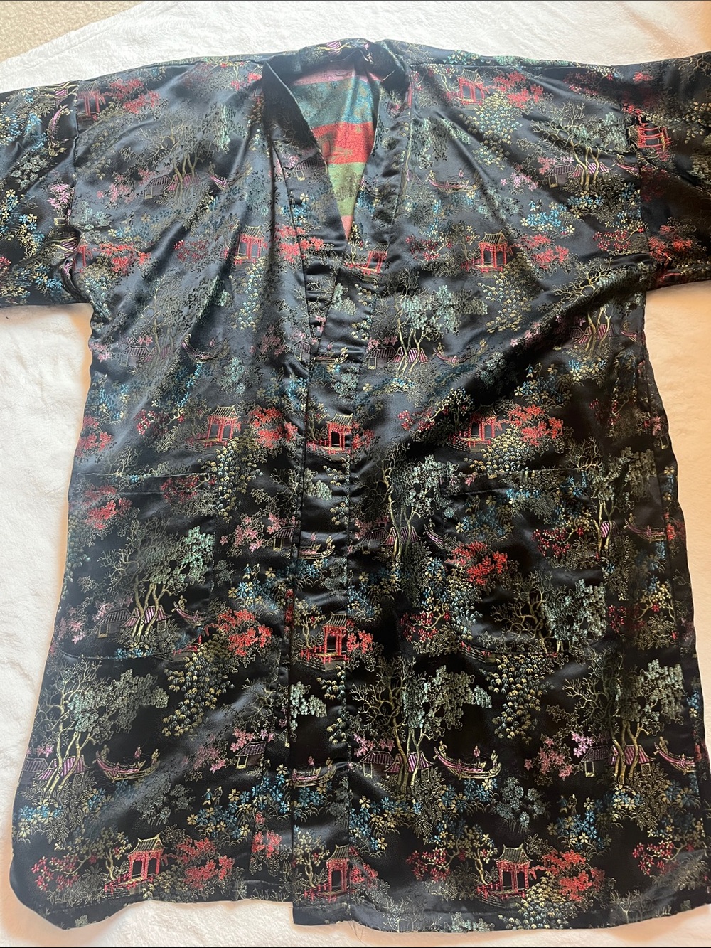 Black Silk-Feel Men's Shirt with Multicolor Oriental Print